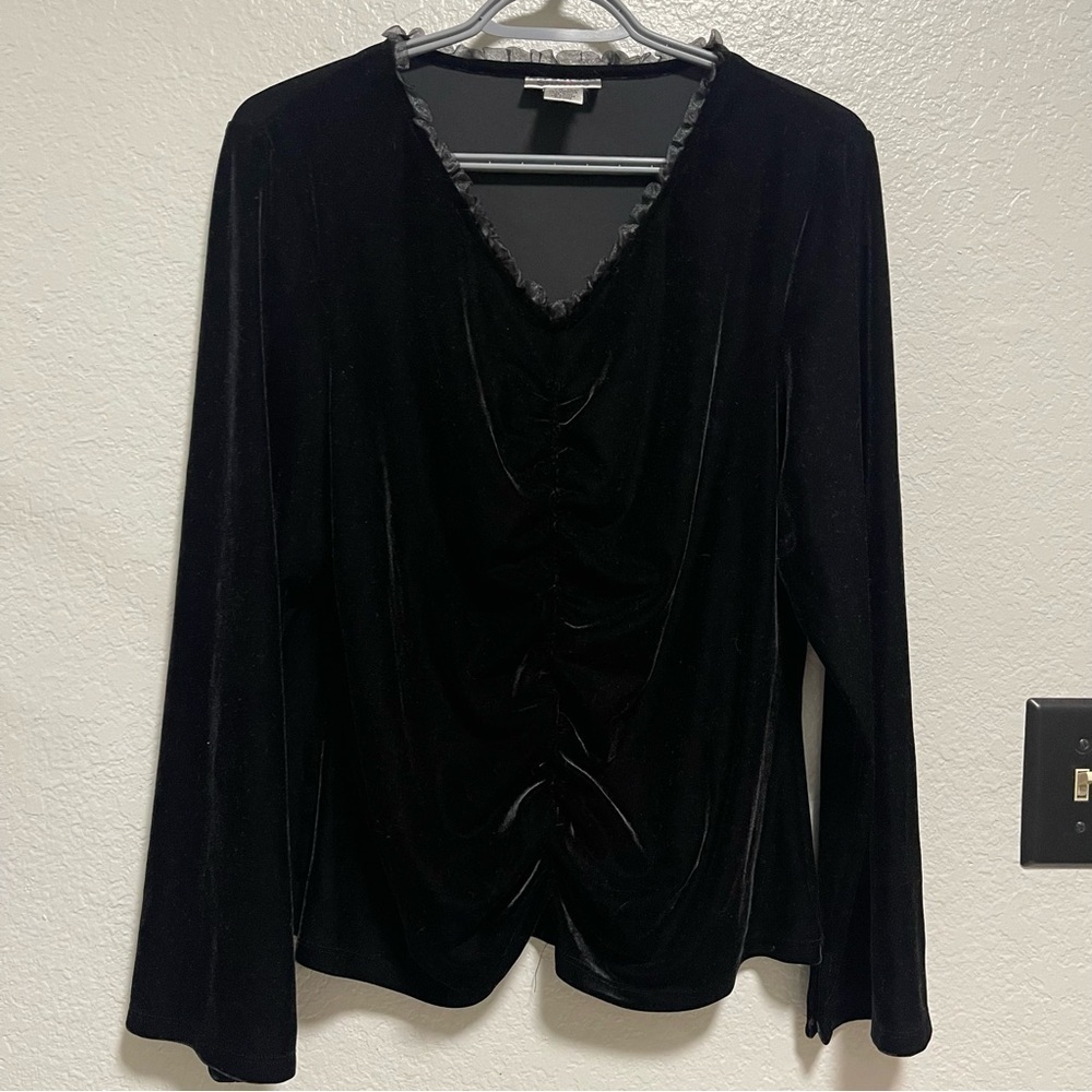 Style & Co. Collection Black Stretch Velvet V-neck Top with Center Ruching XL